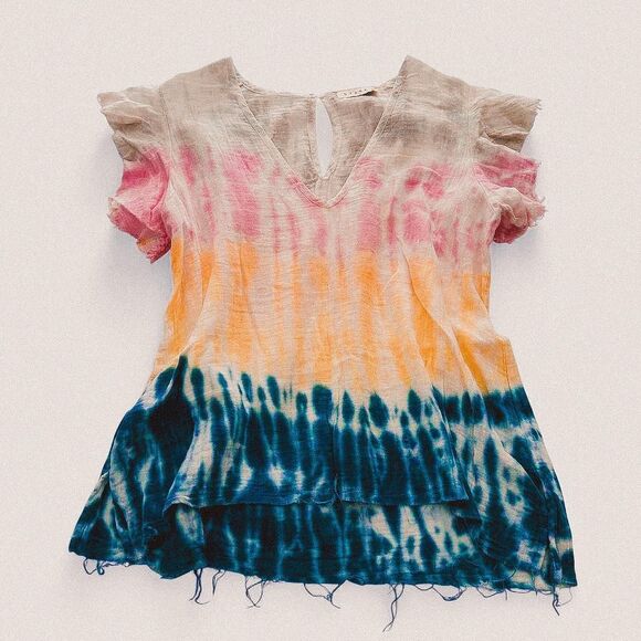 StarkX Tie-Dye Colorful rainbow  Cotton Gauze Frayed Hem Top Luxury Boho M - Picture 1 of 7
